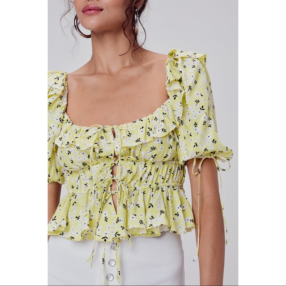 For Love & Lemons Yellow Floral Ruffle Tie-Front Crop Top
